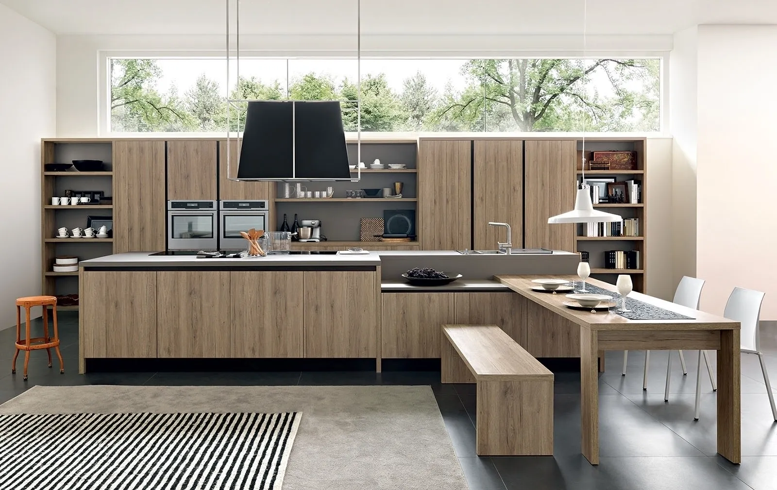 Arredo3 — cucina moderna in legno con isola e penisola pranzo