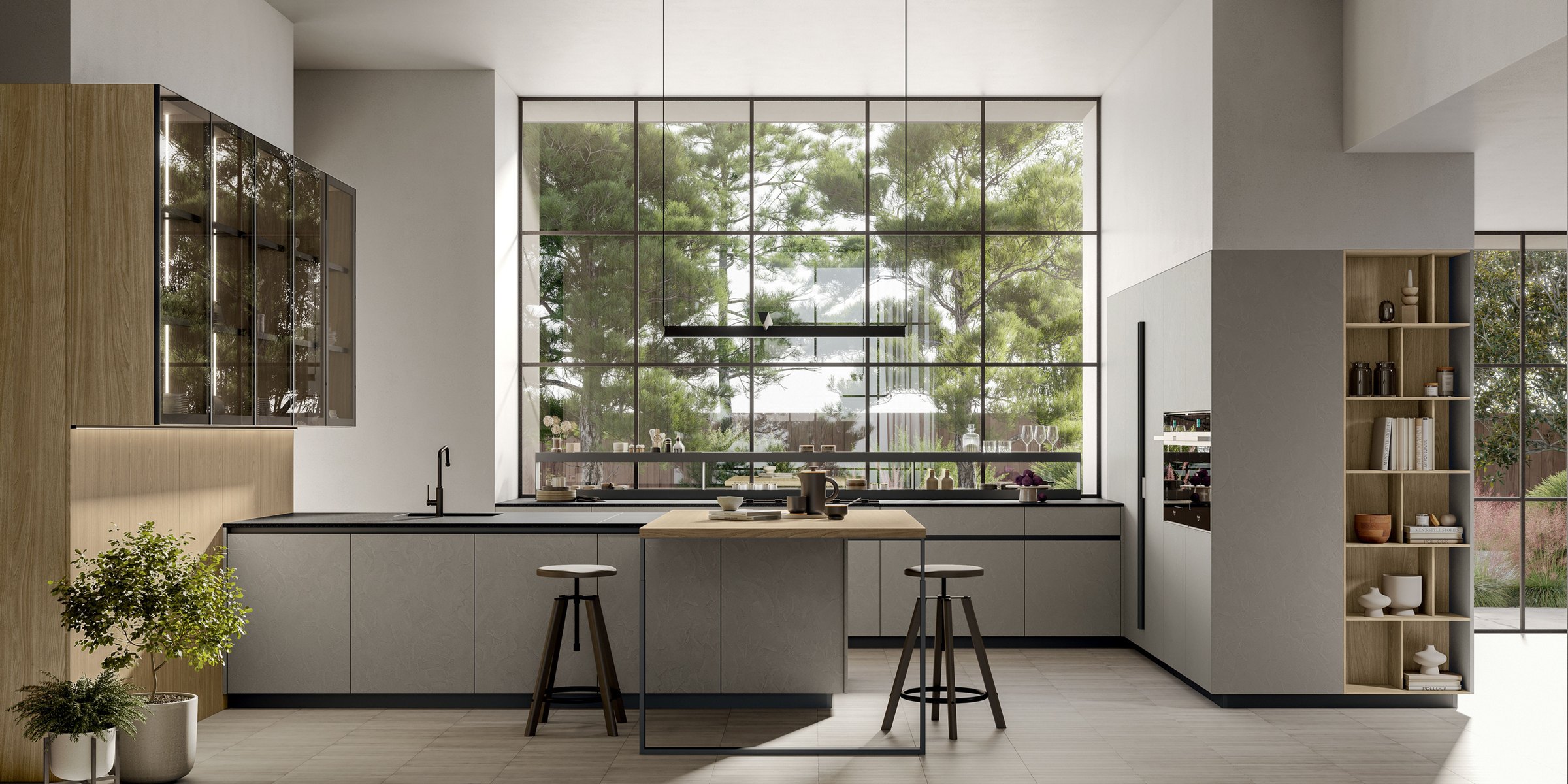 Arredo3 — cucina moderna con isola e grande vetrata