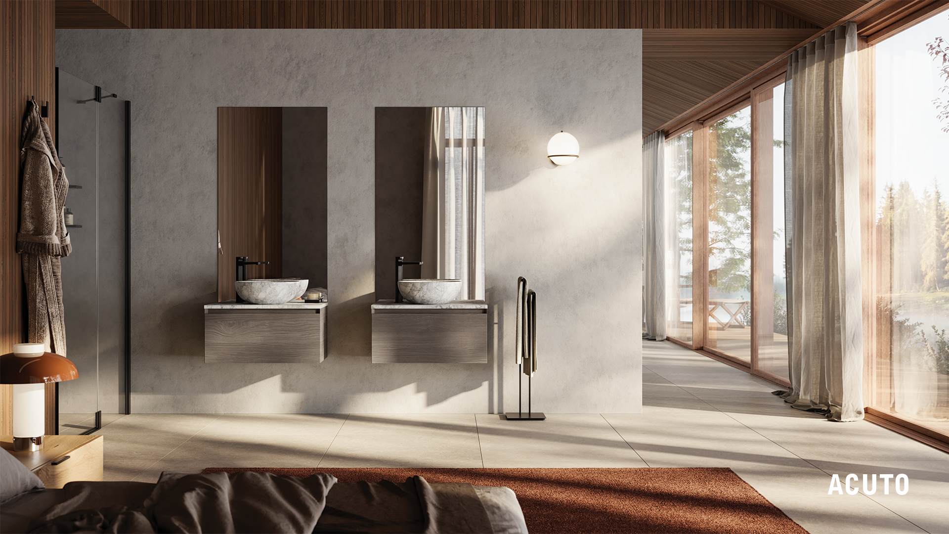 Inda — collezione Acuto, doppio lavabo in ambiente in legno