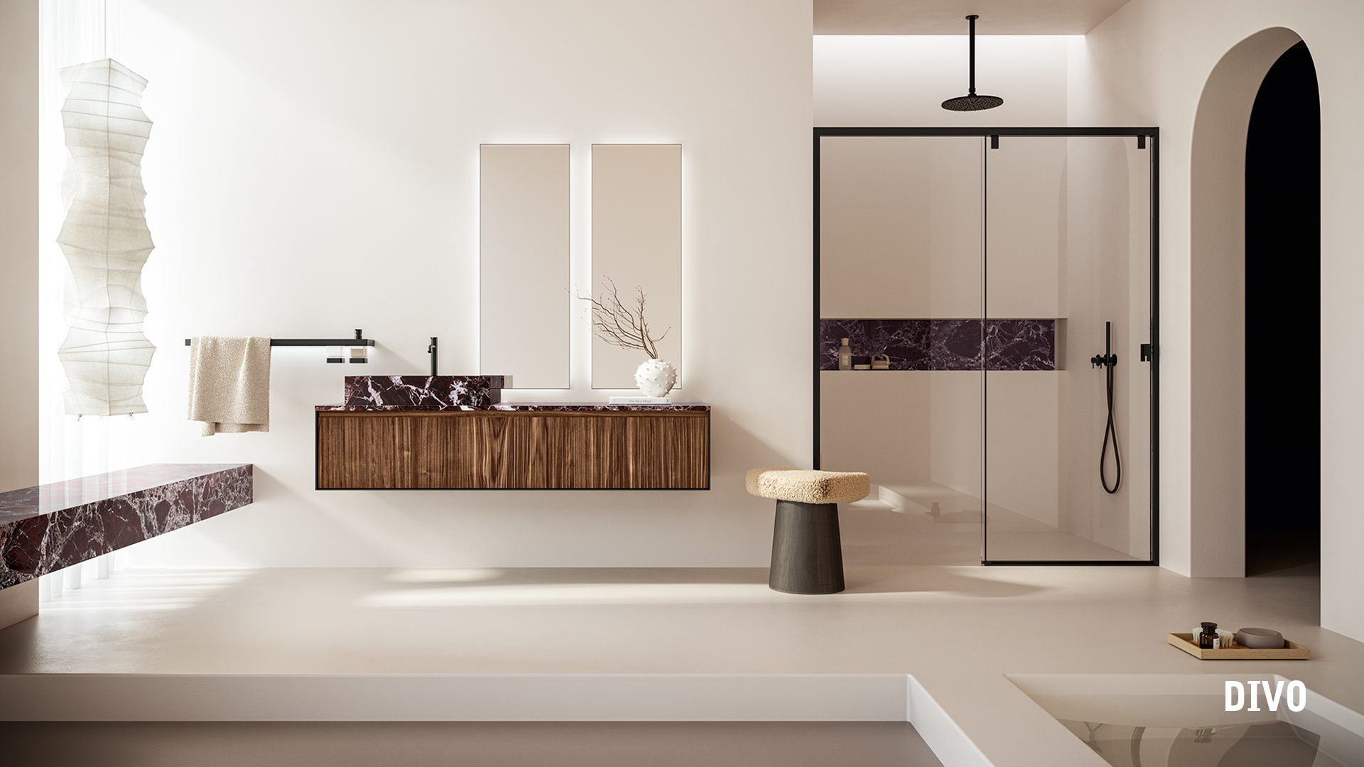 Inda — collezione Divo, mobile bagno in legno con doccia ad arco