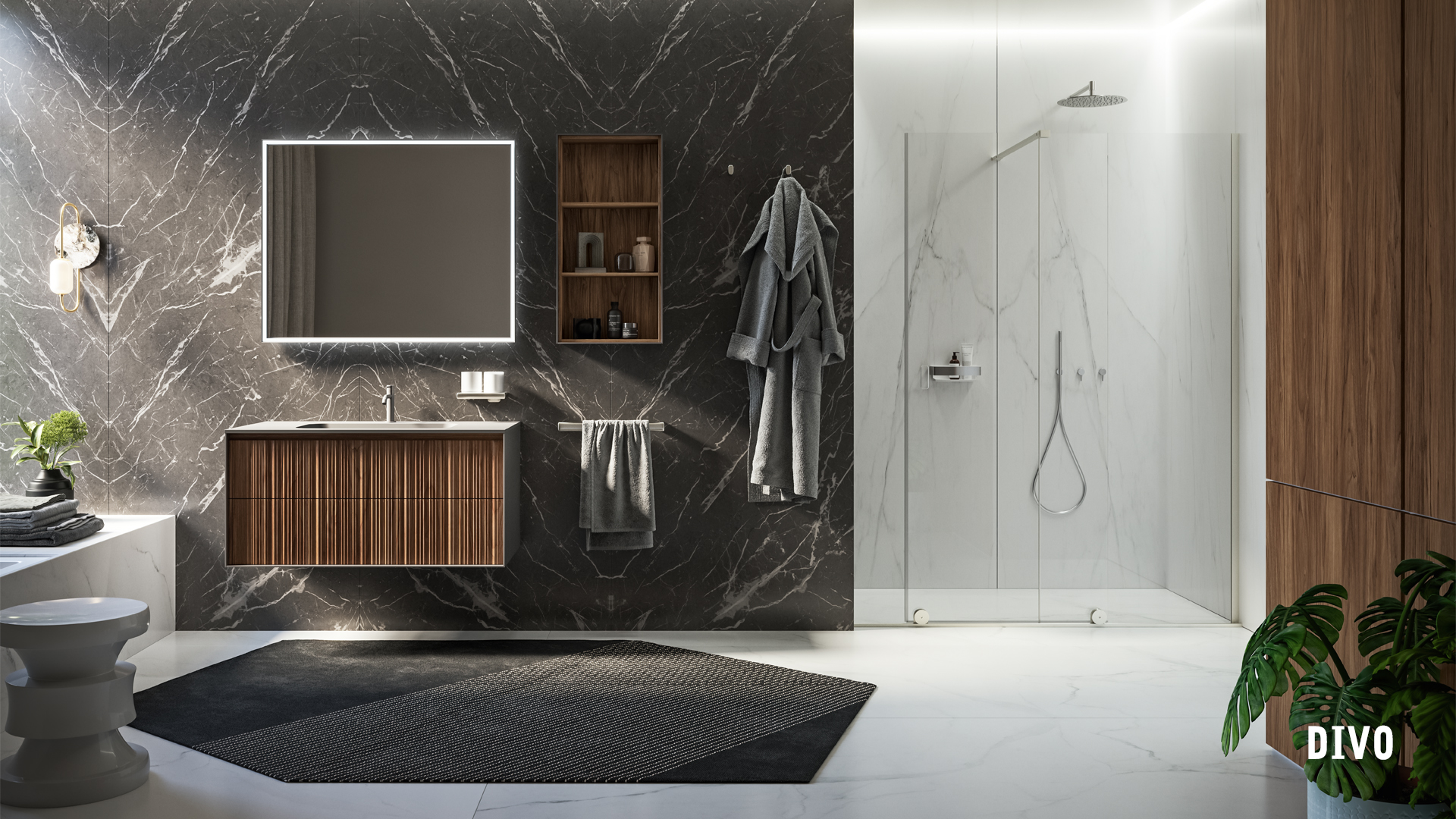Inda — collezione Divo, bagno in marmo e legno con doccia walk-in