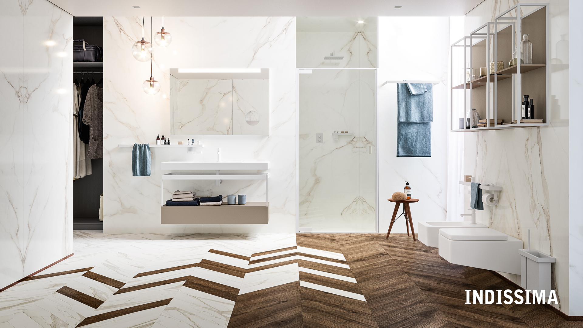 Inda — collezione Indissima, bagno luminoso in marmo bianco