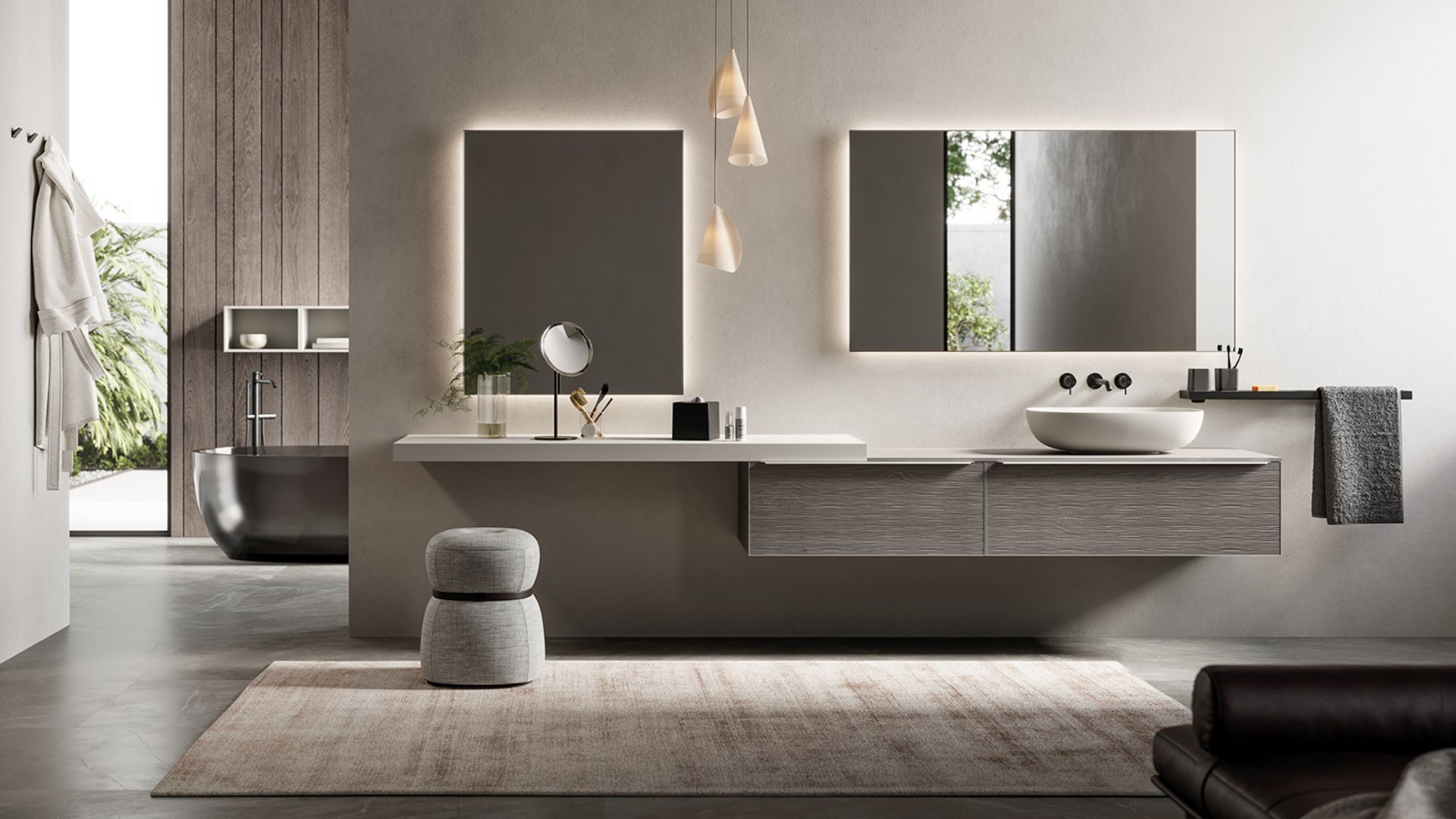 Inda — collezione Testadura, bagno luminoso con doppio lavabo